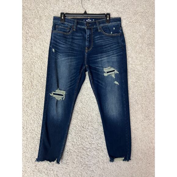 Hollister Denim - Hollister Taper Crop Jeans Womens 33 Dark Blue Denim Distressed Holes Casual